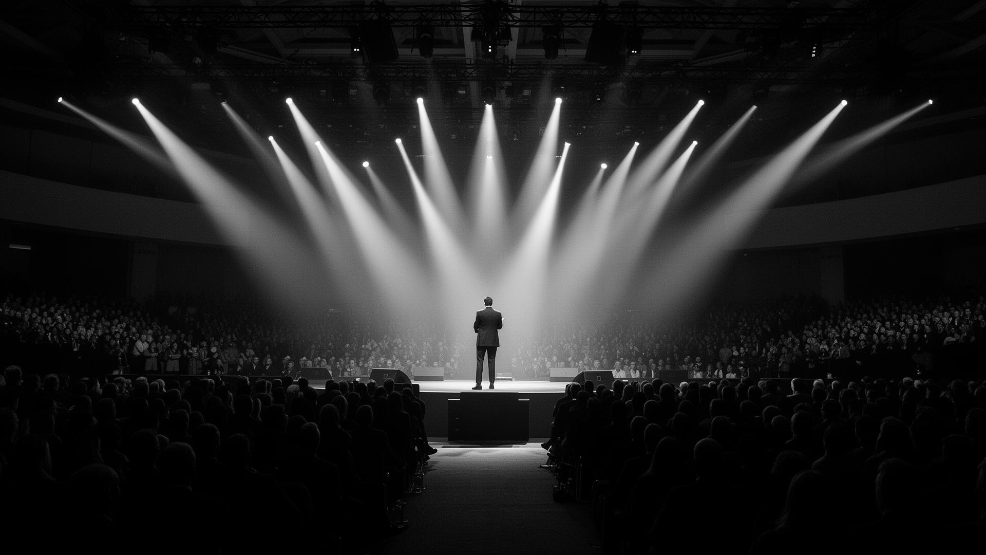 Executive on stage in front of a packed audience